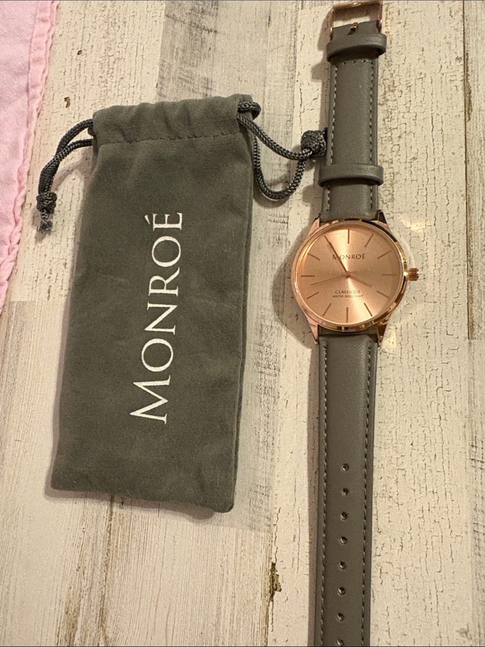 NEW. Monroe Rose Gold Dial Grey Leather Watch
